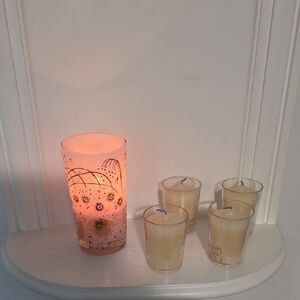 MID CENTURY pink glass candle holder with gold accents. 24k gold CULVER BRIARD